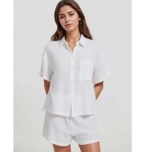 FLYGO Gauze Cotton White Short Sleeve & Shorts Pajamas Set NWT
